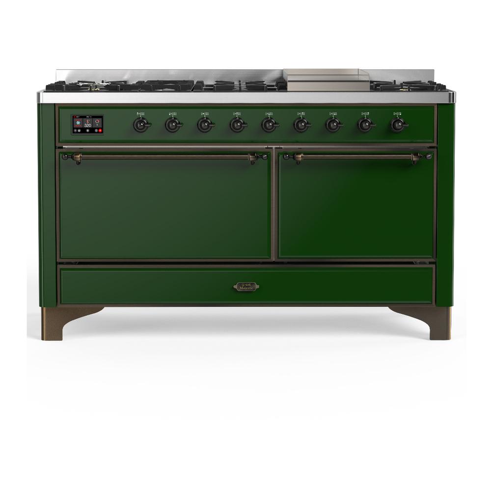 ILVE UM60FQNR3EGB Majestic III 60 inch Dual Fuel Range with 9 Burners and Griddle, Dual Function Burner up to 25,000 BTU (Natural Gas, Solid Door, Emerald Green, Burnished)
