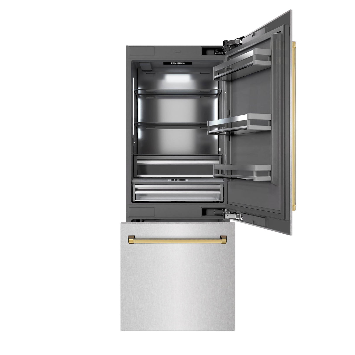 ZLINE Autograph Edition 30 in. 16.1 cu. ft. Built-In Bottom Freezer Refrigerator with Water Dispenser and Ice Maker in DuraSnow' Stainless Steel with Graphite Gray Interior and Polished Gold Accents (GRBIVZ-SN-30-G)