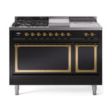 ILVE UN48FSQNMPBKGLP Nostalgie II Noblesse 48 inch Dual Fuel Range (5 Sealed Burners + Griddle + French Top, Liquid Propane, Solid Door, Glossy Black, Brass)