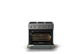 36"W. Open Burner Gas Range (Finish: Splash, Trim: Brushed Brass, Fuel: Propane)