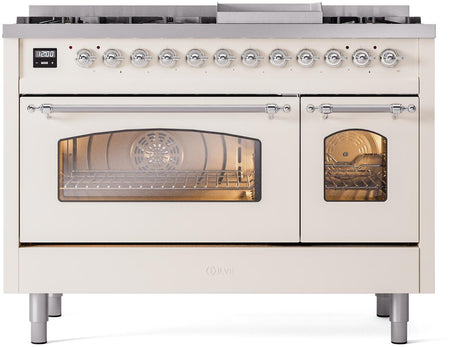 Nostalgie II 48 Inch Dual Fuel Liquid Propane Freestanding Range in Antique White with Chrome Trim