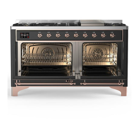 ILVE UM60FNR3MGPLP Majestic III 60 inch Dual Fuel Range with 9 Burners and Griddle, Dual Function Burner up to 25,000 BTU (Liquid Propane, Triple Glass Door, Graphite Matte, Copper)