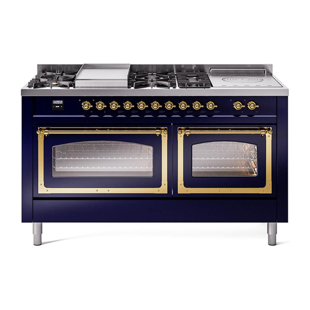 ILVE UN60FSNMPMBG Nostalgie II Noblesse 60 inch Dual Fuel Range (7 Sealed Burners + Griddle + French Top, Natural Gas, Triple Glass Door, Midnight Blue, Brass)