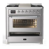 ILVE UM36FNR3SSCLP Majestic III 36 inch Dual Fuel Range with 6 Black Brass Burners and Griddle, Dual Function Burner up to 25,000 BTU (Triple Glass Door, Stainless Steel, Chrome, Liquid Propane)