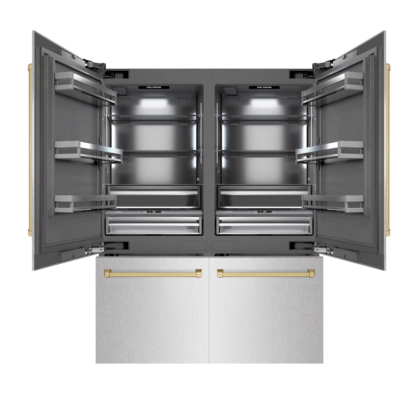 ZLINE Autograph Edition 60 in. 32.2 cu. ft. French Door Built-In Bottom Freezer Refrigerator with Water Dispenser and Ice Maker in DuraSnow' Stainless Steel with Graphite Gray Interior and Champagne Bronze Accents (GRBIVZ-SN-60-CB)