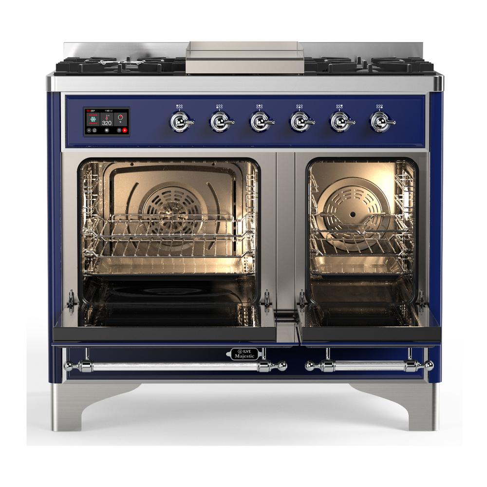 ILVE UMD40FNR3MBC Majestic III 40 inch Dual Fuel Range with 6 Burners and Griddle, Dual Function Burner up to 25,000 BTU (Natural Gas, Triple Glass Door, Midnight Blue, Chrome)