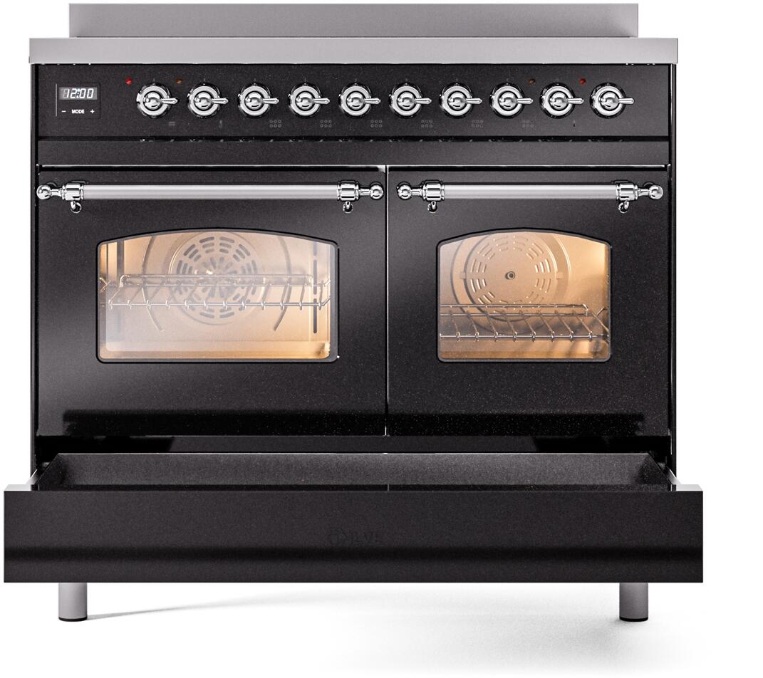 Nostalgie II 40 Inch Electric Freestanding Range in Glossy Black with Chrome Trim