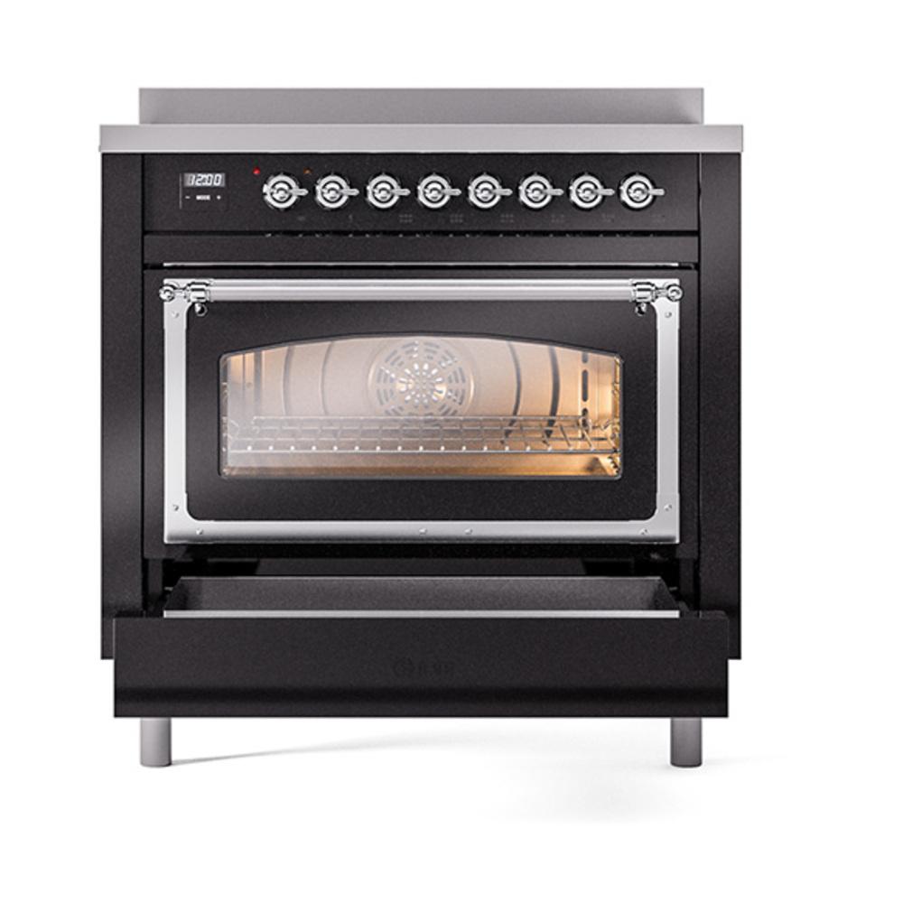 ILVE UNI366NMPBKC Nostalgie II Noblesse 36 inch Induction Range (Triple Glass Door, Glossy Black, Chrome)