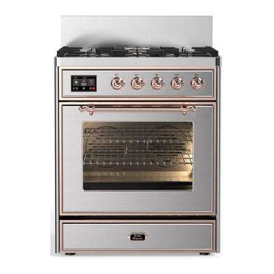 ILVE UM30NR3SSP Majestic III 30 inch Dual Fuel Range with 5 Black Brass Burners, Dual Function Burner up to 25,000 BTU (Natural Gas, Triple Glass Door, Stainless Steel, Copper)
