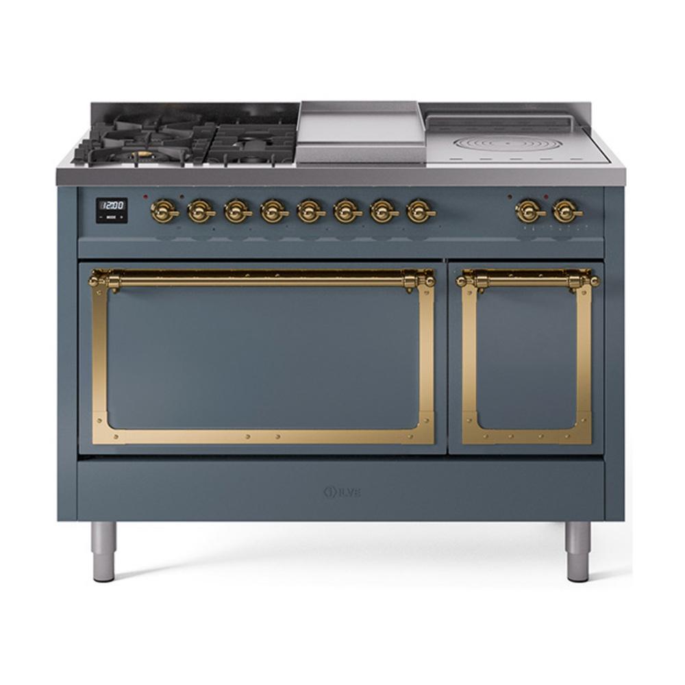 ILVE UN48FSQNMPBGG Nostalgie II Noblesse 48 inch Dual Fuel Range (5 Sealed Burners + Griddle + French Top, Natural Gas, Solid Door, Blue Grey, Brass)