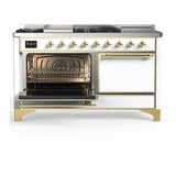 ILVE UM60FSQNR3WHG Majestic III 60 inch Dual Fuel Range with 7 Burners, Griddle and French Top, Dual Function Burner with up to 25,000 BTU (Natural Gas, Solid Door, White, Brass)