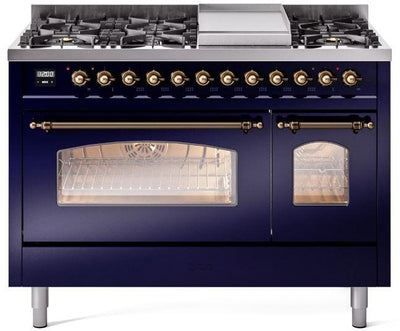 Nostalgie II 48 Inch Dual Fuel Natural Gas Freestanding Range in Blue with Bronze Trim
