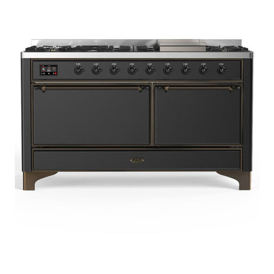 ILVE UM60FQNR3MGBLP Majestic III 60 inch Dual Fuel Range with 9 Burners and Griddle, Dual Function Burner up to 25,000 BTU (Liquid Propane, Solid Door, Graphite Matte, Burnished)