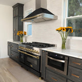 ZLINE 48 in. Autograph Edition Convertible Fingerprint Resistant DuraSnow' Stainless Steel Range Hood with Black Matte Shell and Polished Gold Handle (KB4SNZ-BLM48-G)