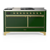 ILVE UM60FSQNR3EGG Majestic III 60 inch Dual Fuel Range with 7 Burners, Griddle and French Top, Dual Function Burner with up to 25,000 BTU (Natural Gas, Solid Door, Emerald Green, Brass)