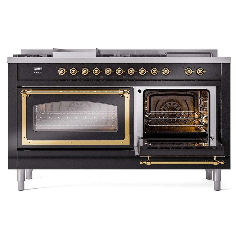 ILVE UN60FSNMPBKGLP Nostalgie II Noblesse 60 inch Dual Fuel Range (7 Sealed Burners + Griddle + French Top, Liquid Propane, Triple Glass Door, Glossy Black, Brass)