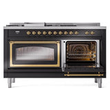 ILVE UN60FSNMPBKGLP Nostalgie II Noblesse 60 inch Dual Fuel Range (7 Sealed Burners + Griddle + French Top, Liquid Propane, Triple Glass Door, Glossy Black, Brass)