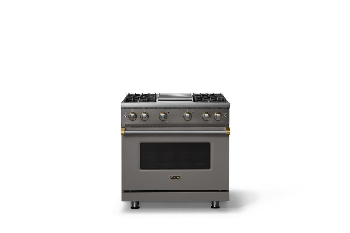 36"W. Sealed Burner Gas Range (Burner: 4g, Finish: Damascus Gray, Trim: Brushed Brass, Fuel: Natural Gas)