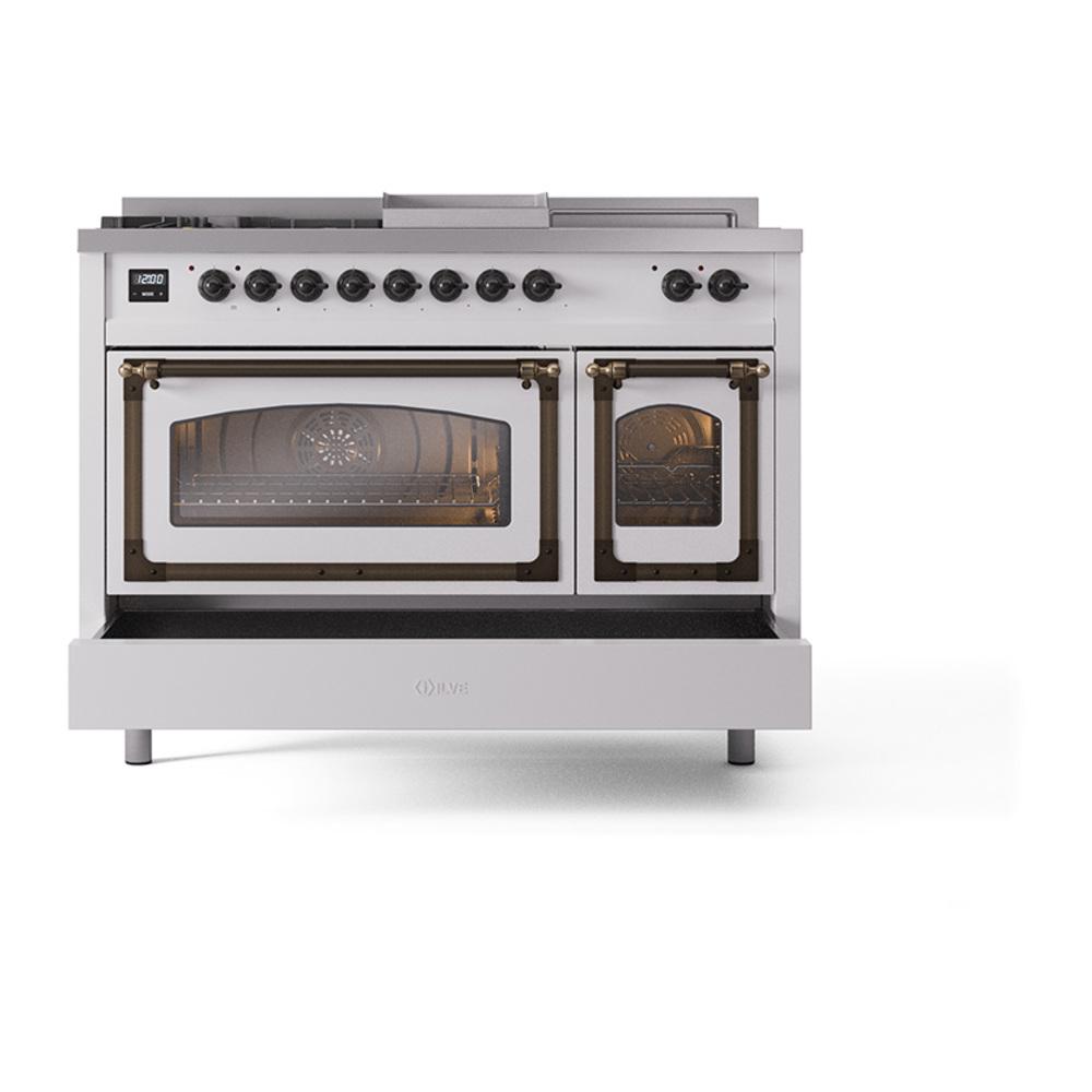 ILVE UN48FSNMPRAB Nostalgie II Noblesse 48 inch Dual Fuel Range (5 Sealed Burners + Griddle + French Top, Natural Gas, Triple Glass Door, RAL, Burnished)