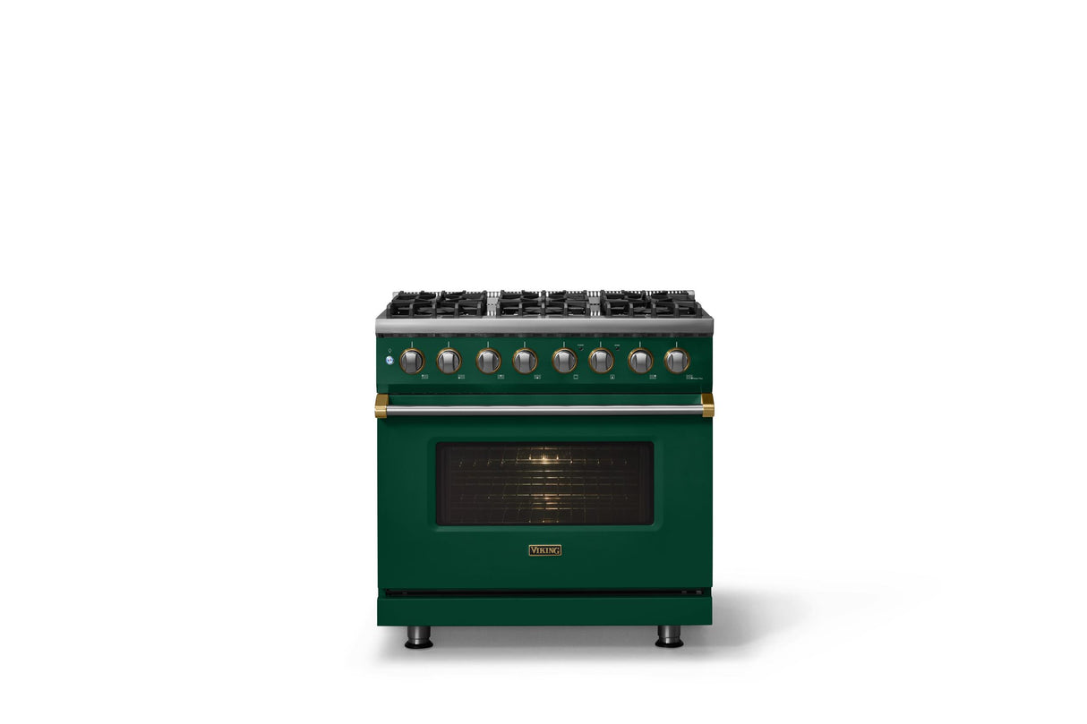 36"W. Dual Fuel Range (Burner: 6b, Finish: Ivy, Trim: Polished Chrome, Fuel: Propane)