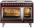 Nostalgie II 48 Inch Dual Fuel Natural Gas Freestanding Range in Burgundy with Brass Trim