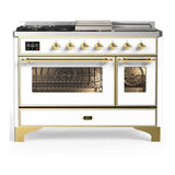 ILVE UM48FSNR3WHGLP Majestic III 48 inch Dual Fuel Range with 5 Black Brass Burners, Griddle and French Top, Dual Function Burner up to 25,000 BTU (Liquid Propane, Triple Glass Door, White, Brass)