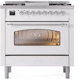 Nostalgie II 36 Inch Dual Fuel Natural Gas Freestanding Range in White with Chrome Trim