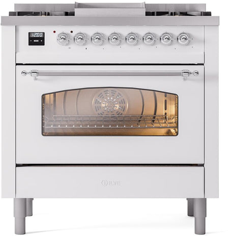 Nostalgie II 36 Inch Dual Fuel Natural Gas Freestanding Range in White with Chrome Trim