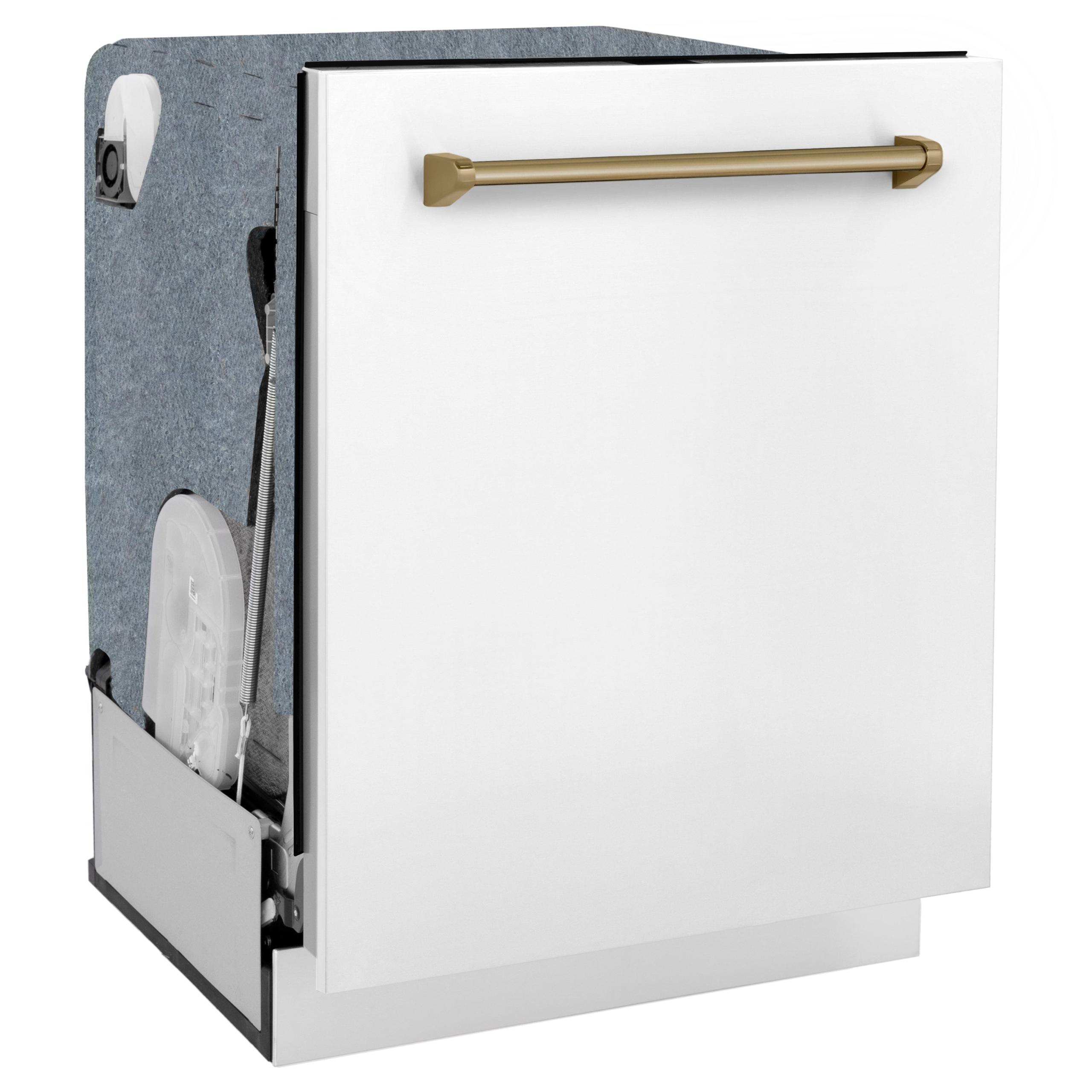 ZLINE Autograph Edition 24" 3rd Rack Top Touch Control Tall Tub Dishwasher in White Matte with Accent Handle, 51dBa (DWMTZ-WM-24) [Color: Champagne Bronze]