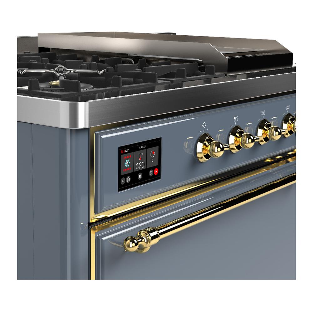 ILVE UM48FSQNR3BGGLP Majestic III 48 inch Dual Fuel Range with 5 Black Brass Burners, Griddle and French Top, Dual Function Burner up to 25,000 BTU (Liquid Propane, Solid Door, Blue Grey, Brass)