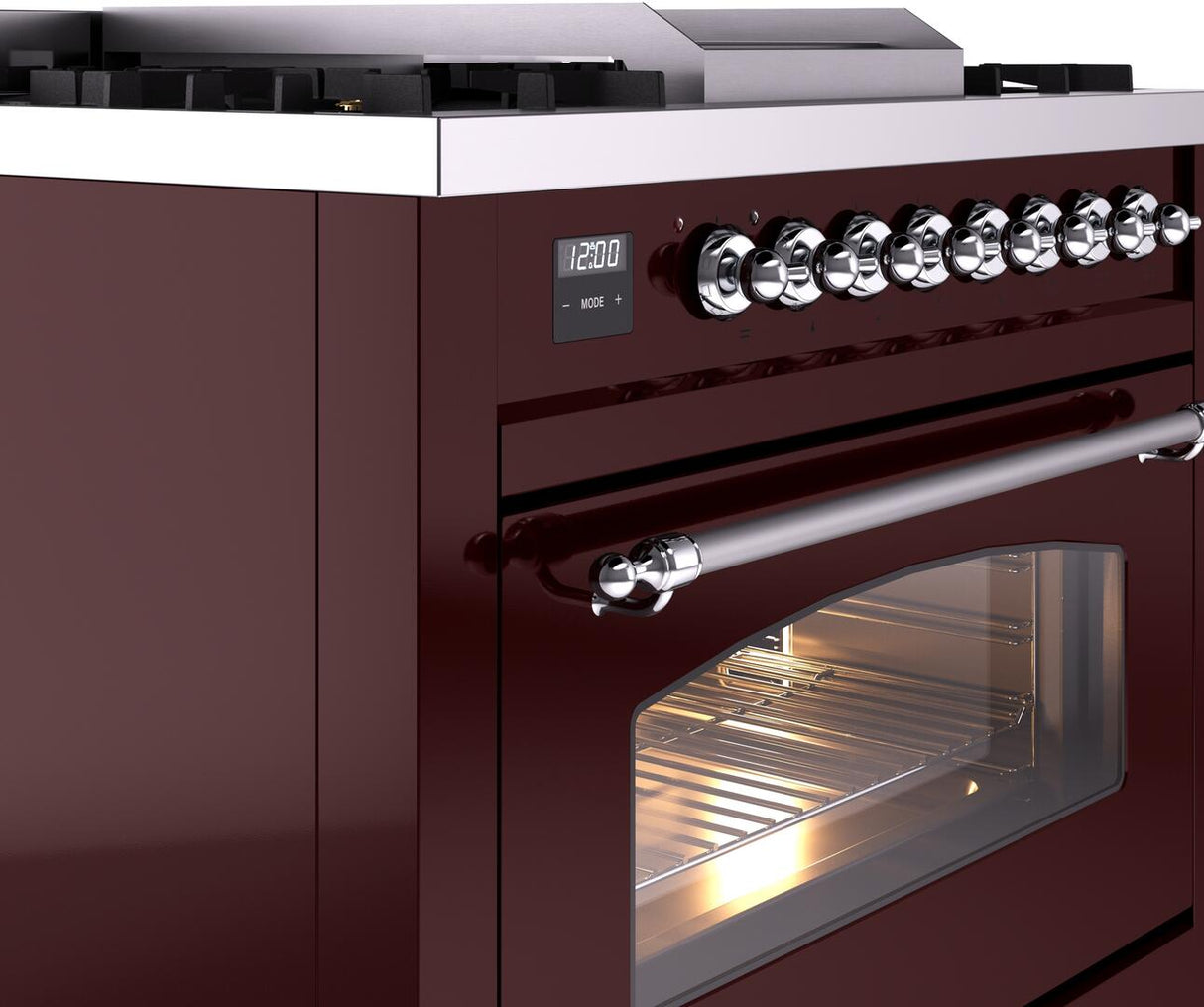 Nostalgie II 36 Inch Dual Fuel Natural Gas Freestanding Range in Burgundy with Chrome Trim