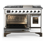 ILVE UM48FNR3WHB Majestic III 48 inch Dual Fuel Range with 8 Burners and Griddle, Dual Function Burner up to 25,000 BTU (Natural Gas, Triple Glass Door, White, Burnished)