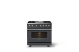 36"W. Dual Fuel Range (Burner: 4g, Finish: Cast Black, Trim: Brushed Brass, Fuel: Propane)