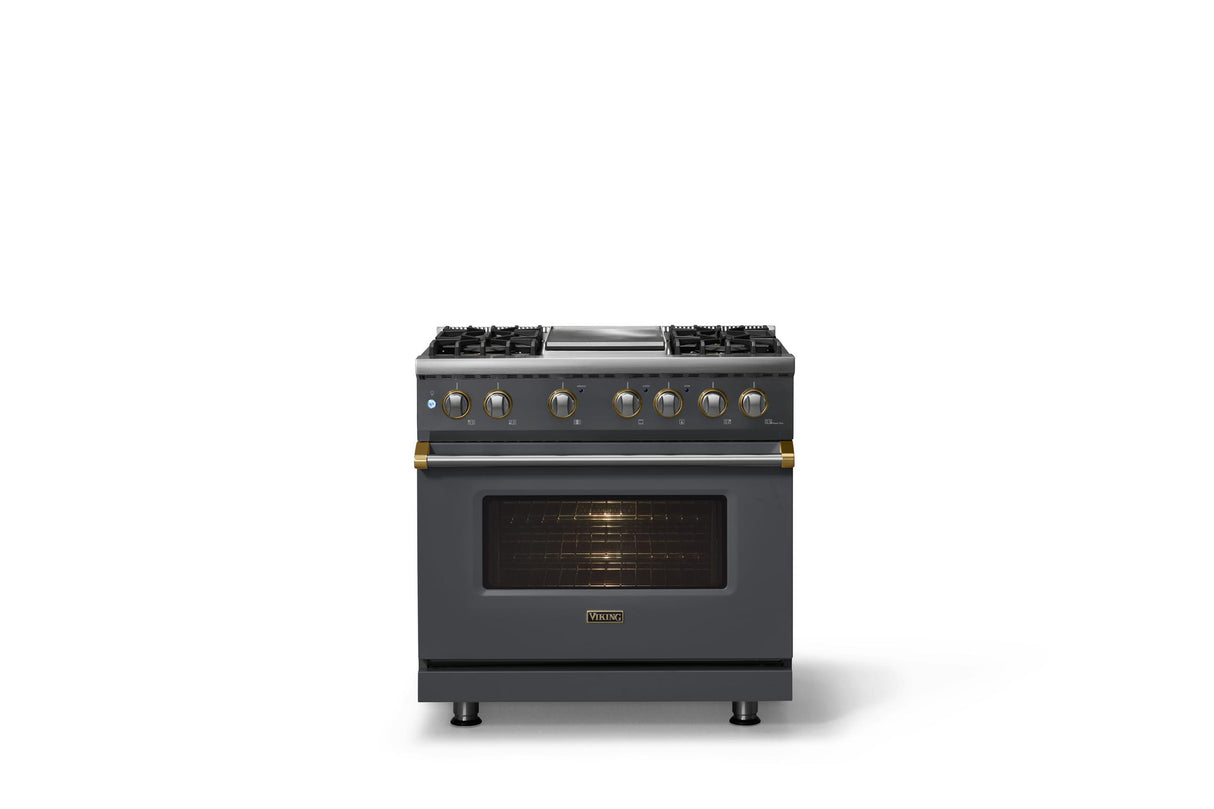 36"W. Dual Fuel Range (Burner: 4g, Finish: Cast Black, Trim: Polished Chrome, Fuel: Propane)