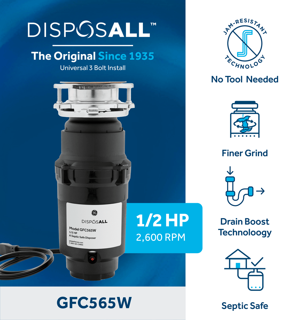 GE DISPOSALL® 1/2 HP Continuous Feed Garbage Disposer Corded