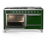ILVE UM60FQNR3EGC Majestic III 60 inch Dual Fuel Range with 9 Burners and Griddle, Dual Function Burner up to 25,000 BTU (Natural Gas, Solid Door, Emerald Green, Chrome)