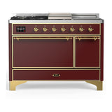 ILVE UM48FSQNR3BUGLP Majestic III 48 inch Dual Fuel Range with 5 Black Brass Burners, Griddle and French Top, Dual Function Burner up to 25,000 BTU (Liquid Propane, Solid Door, Burgundy, Brass)