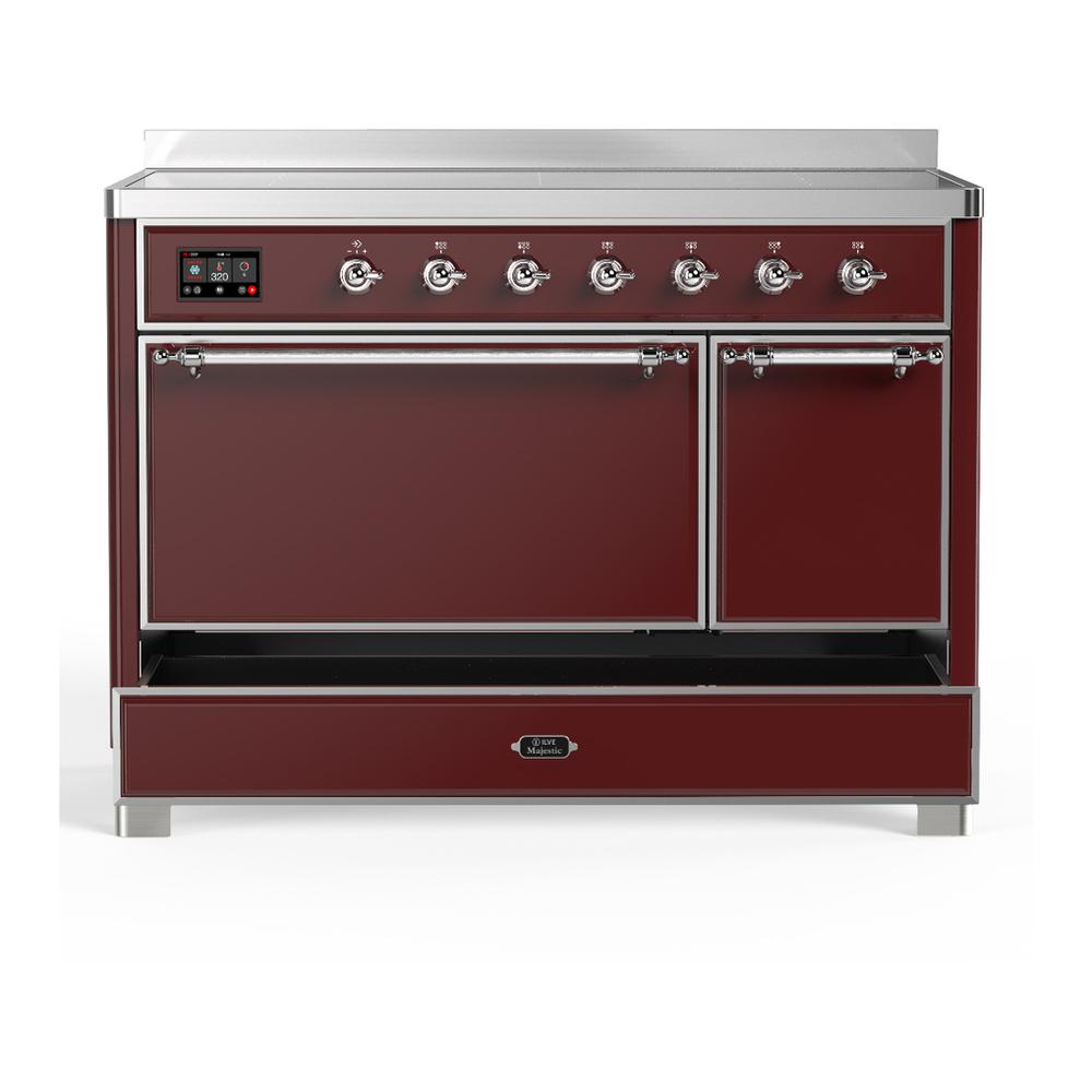 ILVE UMIB48QNR3BUC Majestic III 48 inch Induction Range with 6 Elements, 5.02 cu. ft. Total Oven Capacity (Solid Door, Burgundy, Chrome)