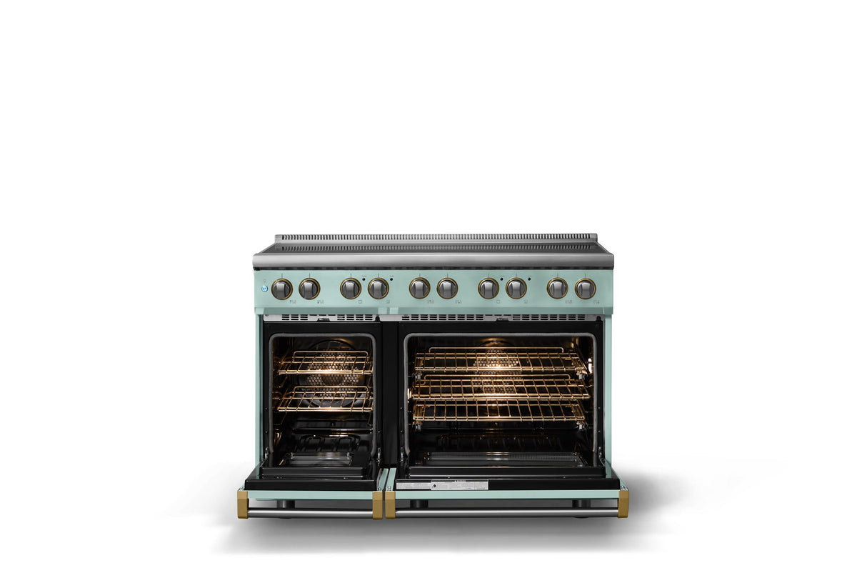48"W. Induction Range (Finish: Splash, Trim: Brushed Brass)