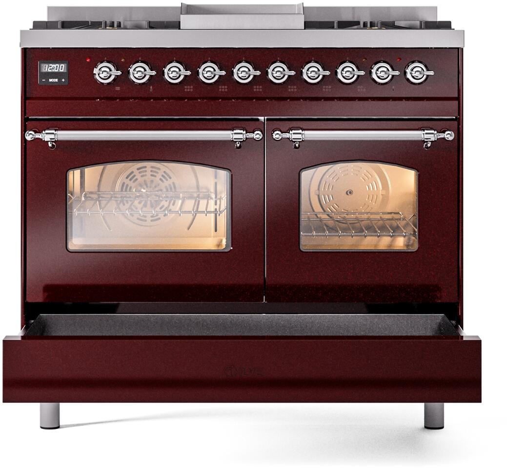 Nostalgie II 40 Inch Dual Fuel Liquid Propane Freestanding Range in Burgundy with Chrome Trim