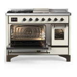 ILVE UM48FSNR3AWBLP Majestic III 48 inch Dual Fuel Range with 5 Black Brass Burners, Griddle and French Top, Dual Function Burner up to 25,000 BTU (Liquid Propane, Triple Glass Door, Antique White, Burnished)