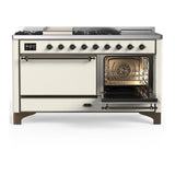 ILVE UM60FSQNR3AWB Majestic III 60 inch Dual Fuel Range with 7 Burners, Griddle and French Top, Dual Function Burner with up to 25,000 BTU (Natural Gas, Solid Door, Antique White, Burnished)