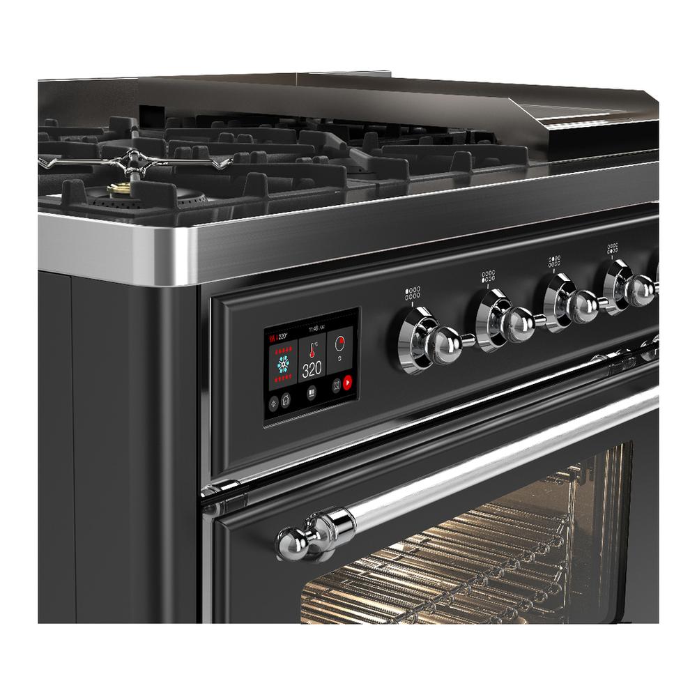 ILVE UM48FNR3MGCLP Majestic III 48 inch Dual Fuel Range with 8 Burners and Griddle, Dual Function Burner up to 25,000 BTU (Liquid Propane, Triple Glass Door, Graphite Matte, Chrome)