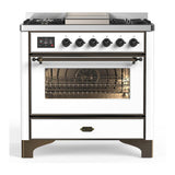 ILVE UM36FNR3WHBLP Majestic III 36 inch Dual Fuel Range with 6 Black Brass Burners and Griddle, Dual Function Burner up to 25,000 BTU (Triple Glass Door, White, Burnished, Liquid Propane)