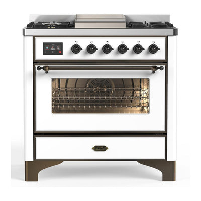 ILVE UM36FNR3WHBLP Majestic III 36 inch Dual Fuel Range with 6 Black Brass Burners and Griddle, Dual Function Burner up to 25,000 BTU (Triple Glass Door, White, Burnished, Liquid Propane)