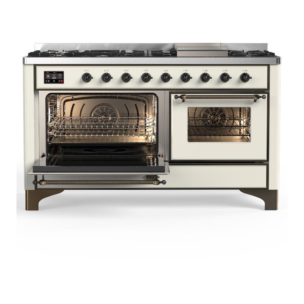 ILVE UM60FNR3AWB Majestic III 60 inch Dual Fuel Range with 9 Burners and Griddle, Dual Function Burner up to 25,000 BTU (Natural Gas, Triple Glass Door, Antique White, Burnished)