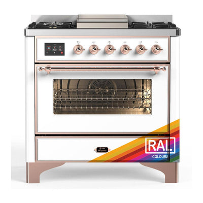 ILVE UM36FNR3RAP Majestic III 36 inch Dual Fuel Range with 6 Black Brass Burners and Griddle, Dual Function Burner up to 25,000 BTU (Triple Glass Door, RAL, Copper, Natural Gas)