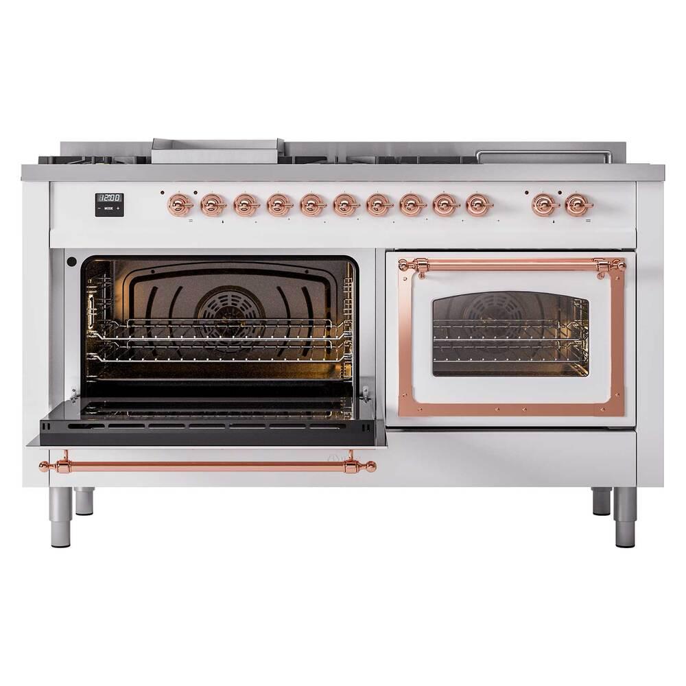 ILVE UN60FSNMPWHP Nostalgie II Noblesse 60 inch Dual Fuel Range (7 Sealed Burners + Griddle + French Top, Natural Gas, Triple Glass Door, White, Copper)