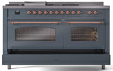 Nostalgie II 60 Inch Dual Fuel Natural Gas Freestanding Range in Blue Grey with Copper Trim