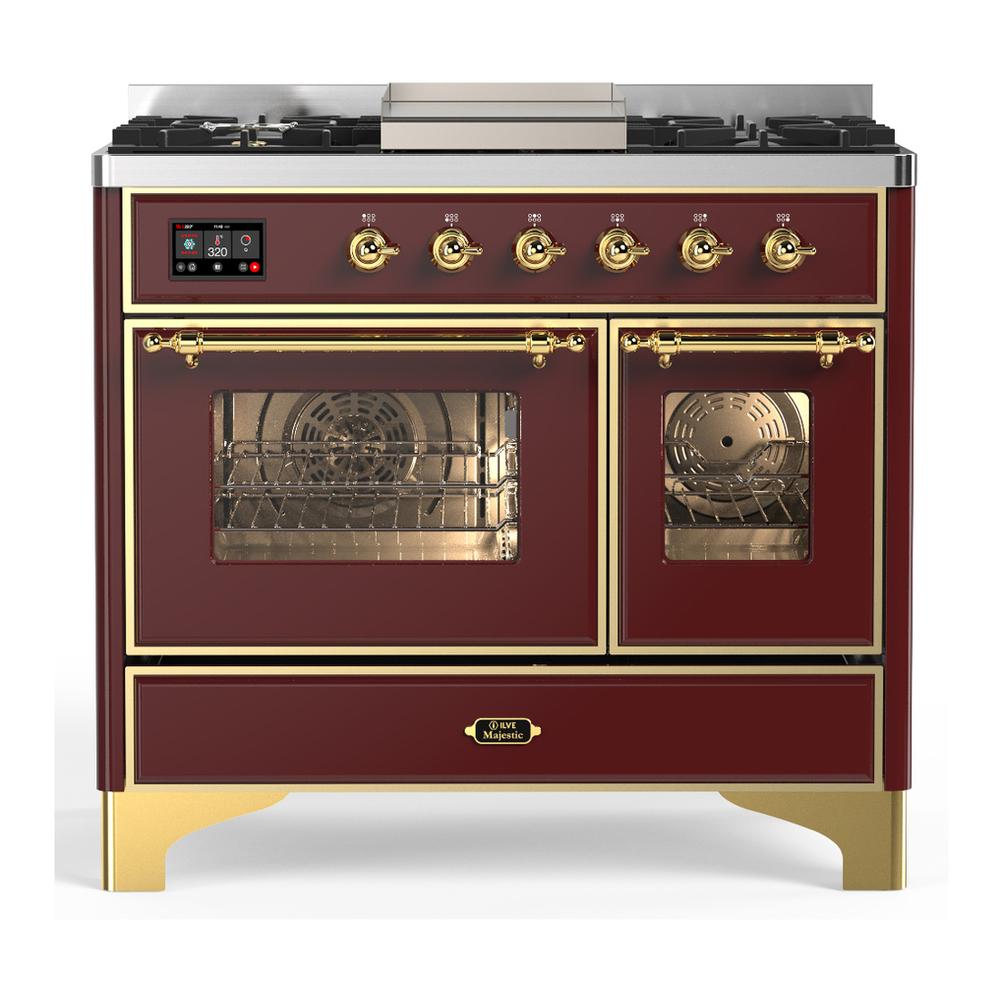ILVE UMD40FNR3BUG Majestic III 40 inch Dual Fuel Range with 6 Burners and Griddle, Dual Function Burner up to 25,000 BTU (Natural Gas, Triple Glass Door, Burgundy, Brass)